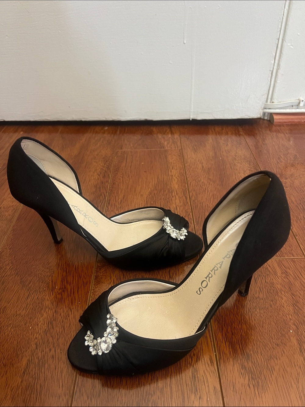 Caparros Black Satin D'Orsay Peep Toe Heels with Crystal Accent